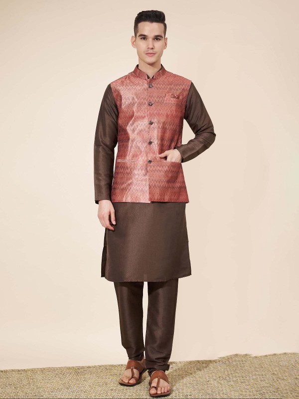 Dark Brown Pure Silk Readymade Kurta Pajama With Jacket